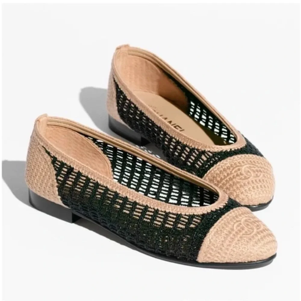🔥 CHANEL Raffia Cap Toe Ballerina Flats